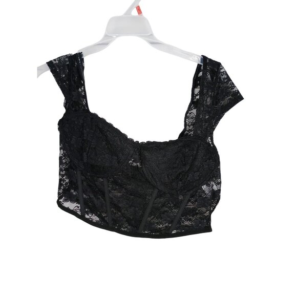Faded Rose Black Sheer Lace Bustier Crop Top With Cap Sleeves & Back Zipper Clos - Picture 1 of 15
